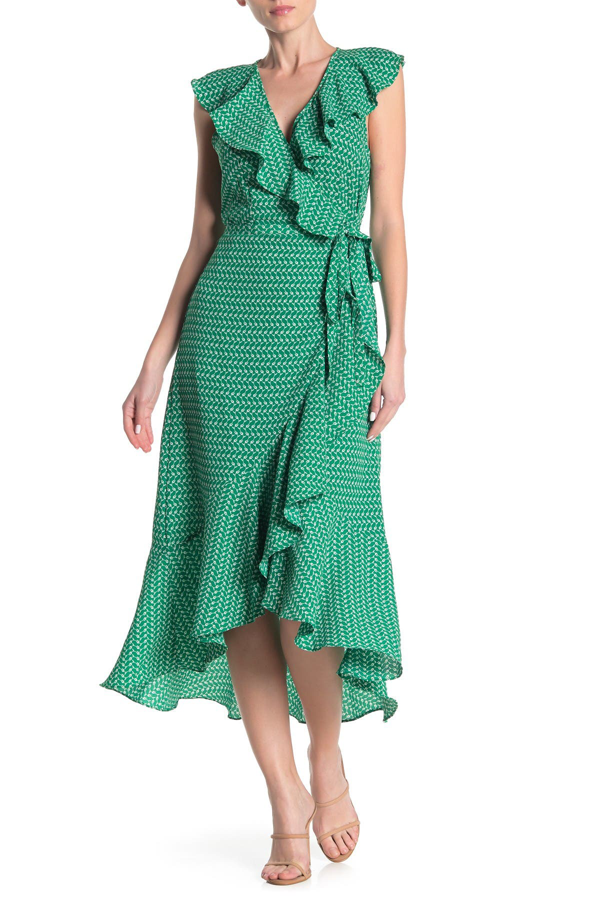 Max Studio Patterned Ruffle Wrap Midi Dress In Green Tulip Waves | ModeSens